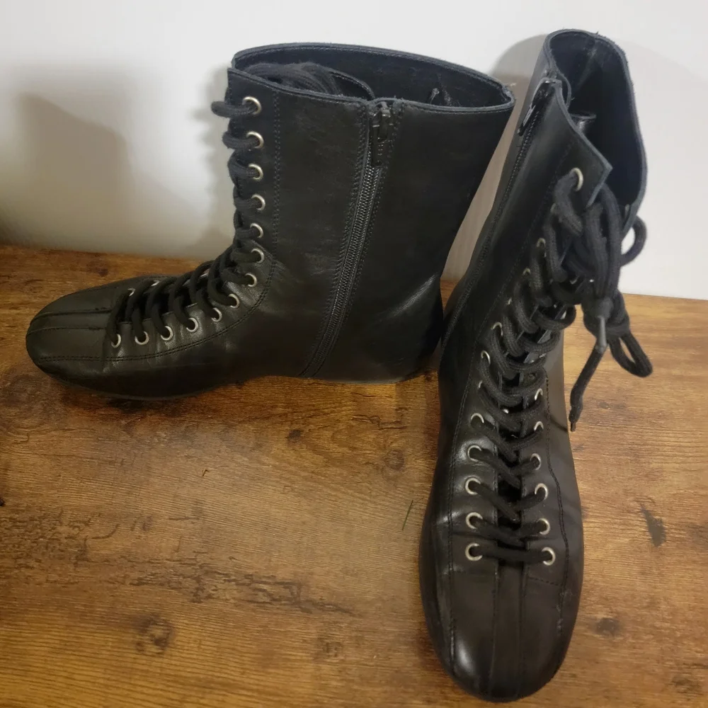 Free People Black Leather Lace Up Ankle Boots Size 9 - Picture 3 of 8